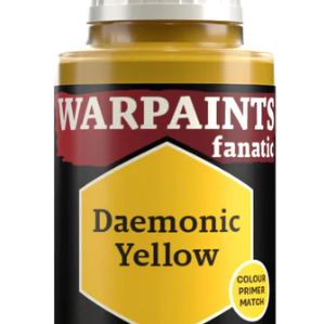 The Army Painter Warpaints Fanatic acrylic paint in Daemonic Yellow, 18ml bottle with yellow paint visible inside.