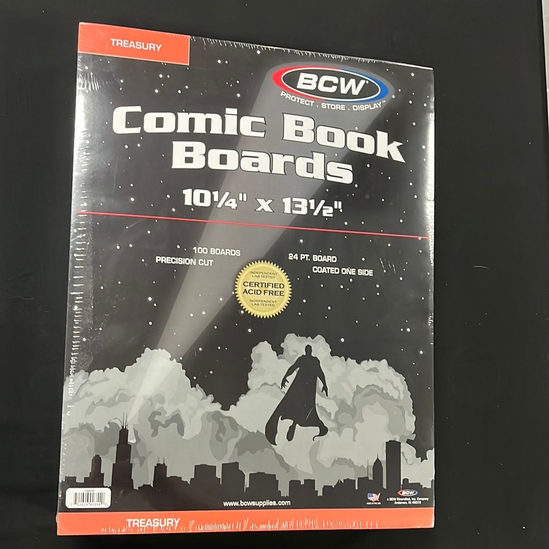 Two BCW comic book boards measuring 10 1/4” x 13 1/2” Treasury size, designed to protect and store comic books.