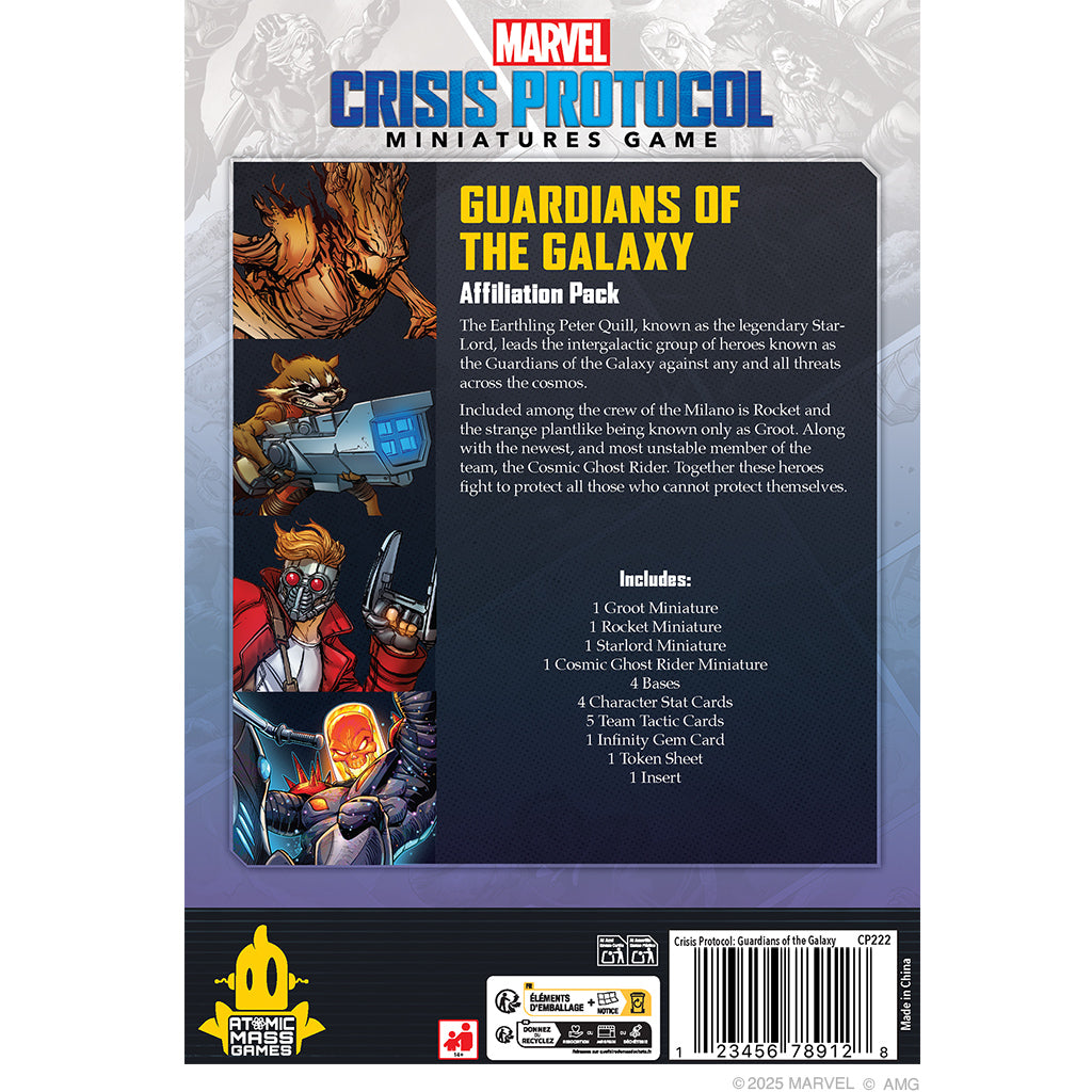 Marvel Crisis Protocol Guardians of the Galaxy Affiliation Pack by Atomic Mass, featuring miniatures and game components on a display sheet.