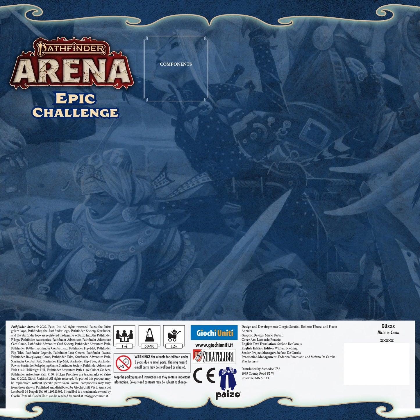 Pathfinder Arena Epic Challenge game box by Asmodee featuring colorful fantasy-themed artwork and game components.