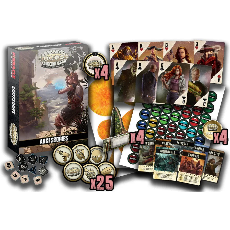 Savage Worlds Adventure Edition accessory box book by Studio 2 Publishing with game supplies and accessories for RPG gameplay.