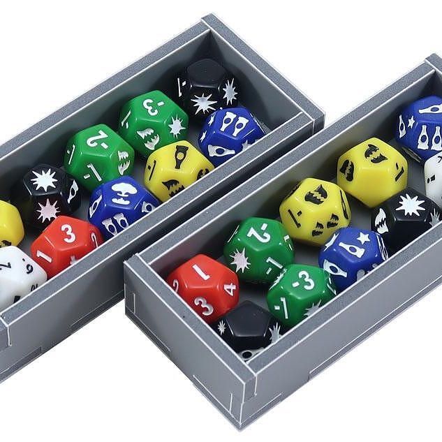 Folded Space board game insert for Fallout Wasteland Warfare, showing organized compartments and foam inserts inside the box.