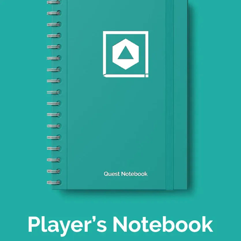 D&D character quest notebook by Quartermaster Direct featuring lined pages and fantasy-themed cover for tabletop role-playing games.