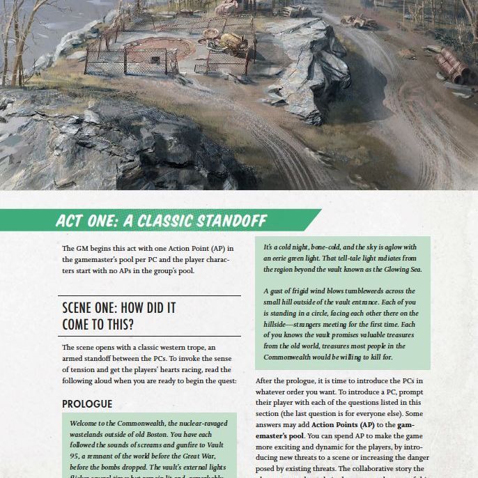 Fallout: The Roleplaying Game Starter Set by Modiphius featuring game components and rulebook laid out on a table.