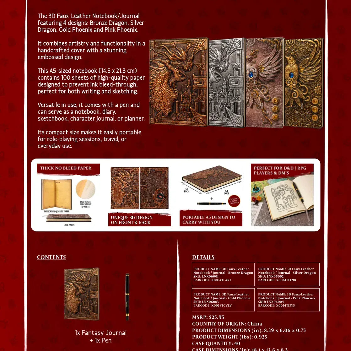 Gold phoenix 3D faux-leather notebook journal with embossed design, by Quartermaster Direct, featuring a decorative cover and stitched binding.