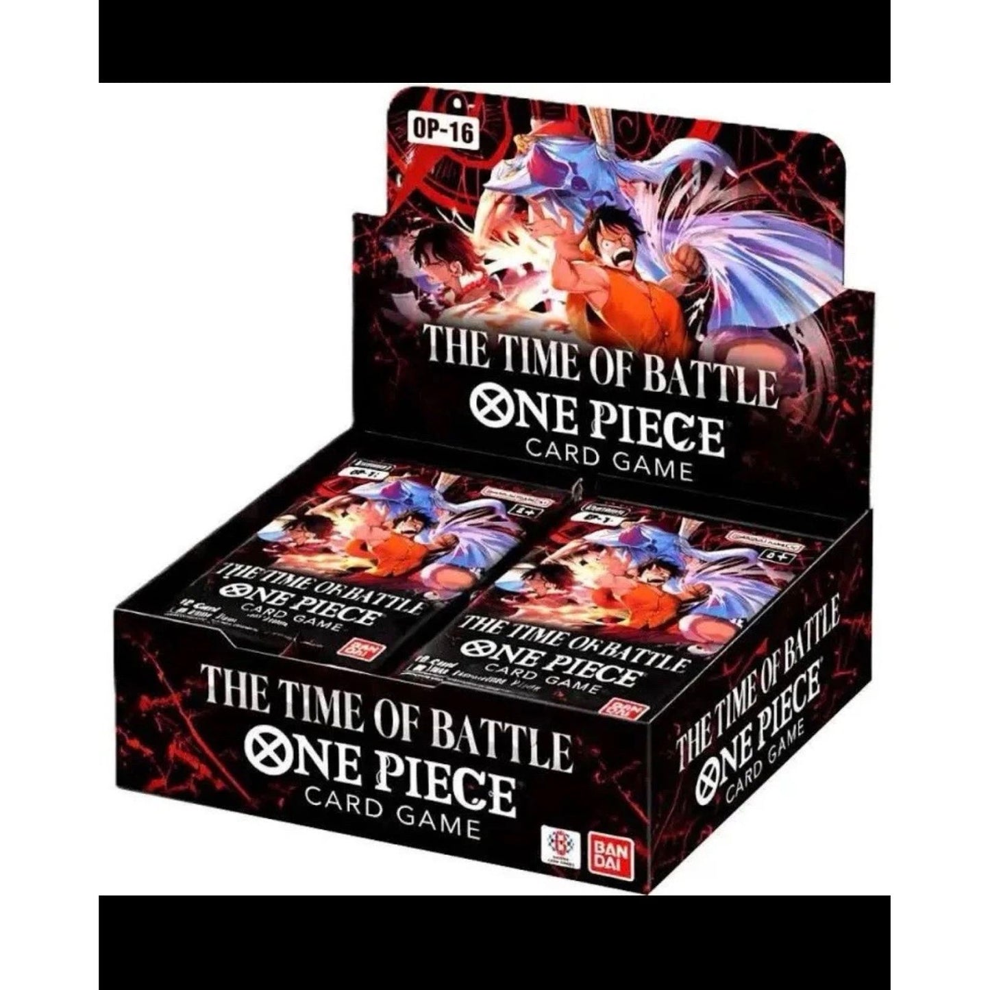 Bandai One Piece trading cards pack featuring characters from the Time of Battle (OP16) series, full set display.