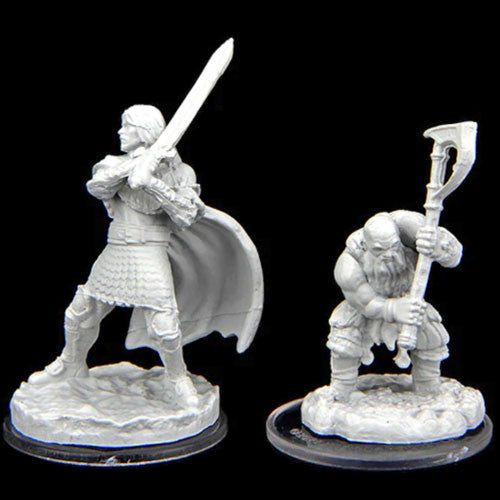 Unpainted D&D Critical Role miniatures by Wizkids featuring Westruun Militia swordsman and Kraghammer Axeman figures.