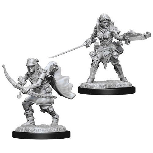 Unpainted Wizkids Pathfinder Deepcuts miniatures of a female Half-Elf Ranger, showing detailed armor and pose.