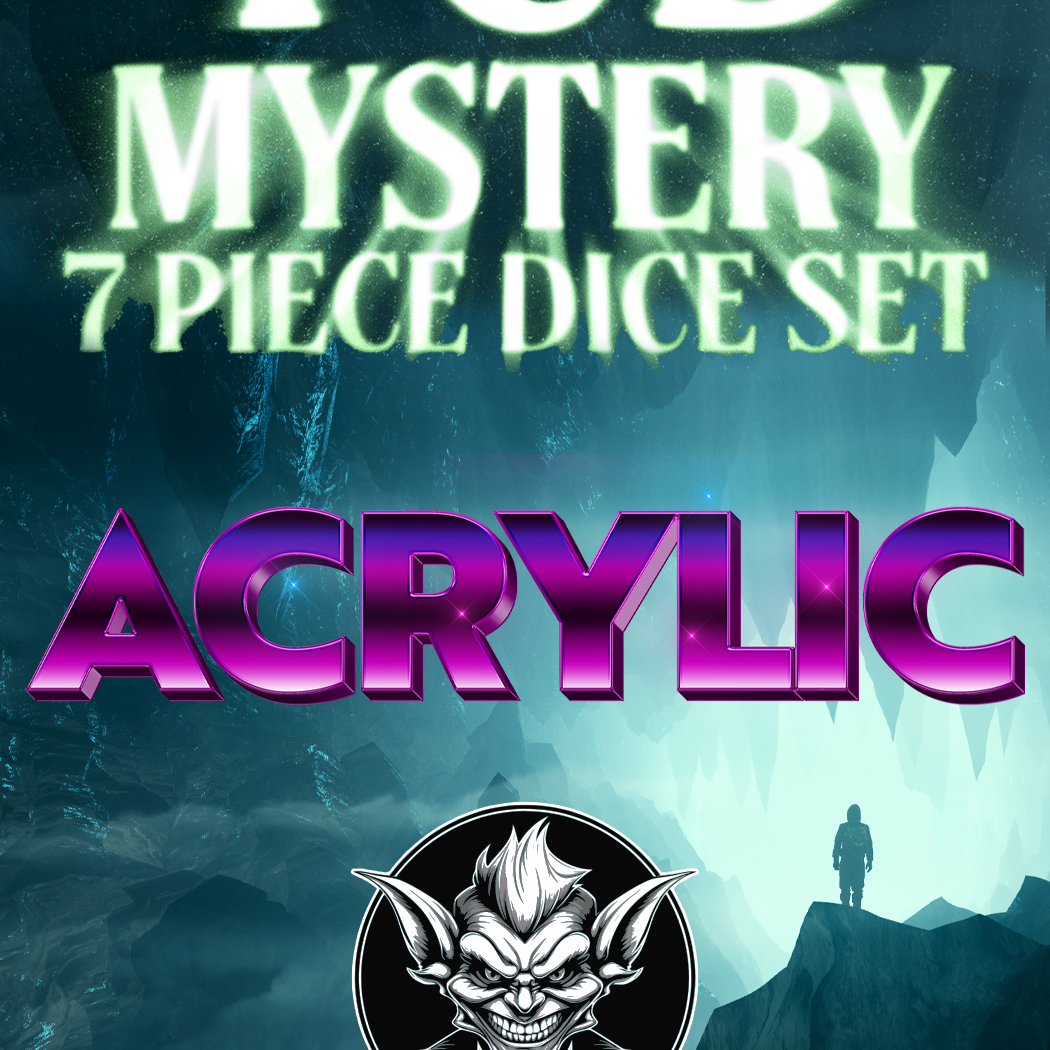 TCB Games & Collectibles Mystery Acrylic Dice Set featuring colorful, translucent dice with various numbers and designs.
