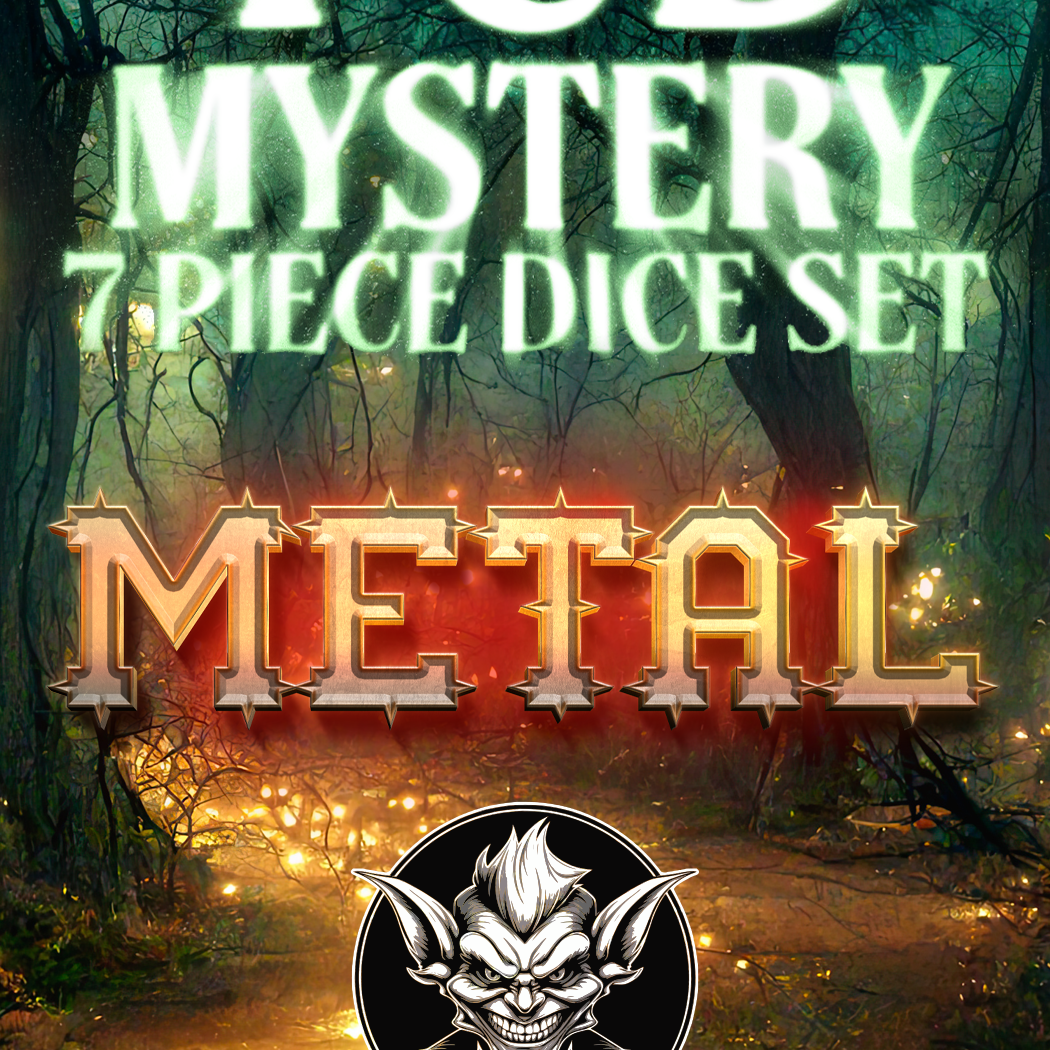 Metal dice set from TCB Games & Collectibles, featuring a mystery design with various numbered metal dice for tabletop gaming.