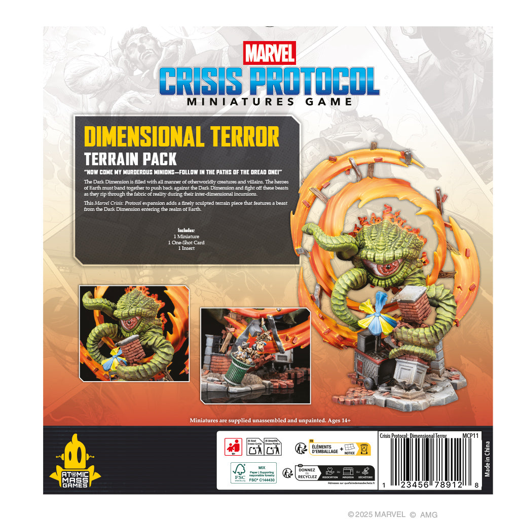 Pre-order Marvel Crisis Protocol Dimensional Terror Terrain Pack by Asmodee featuring detailed game terrain pieces.