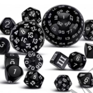 Black TCB 15-piece gaming dice set with colorful printed numbers, featuring various die shapes for tabletop gaming.
