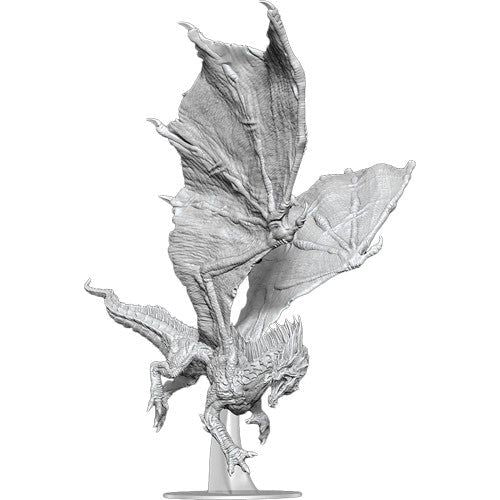 Unpainted adult green dragon miniature from D&D Nolzur's Marvelous Unpainted Miniatures by Wizkids, showing detailed dragon features.
