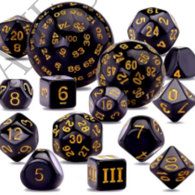 TCB 15 Piece Dice Set- Black Dice with Various Print Colors - TCB Games & Collectibles