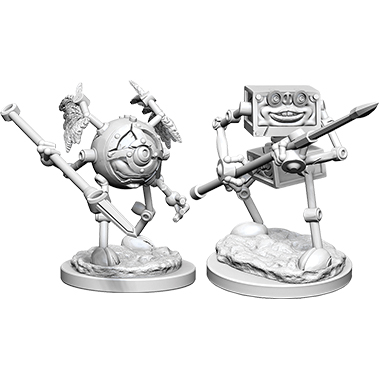 Unpainted D&D Nolzur's Marvelous Miniatures set featuring Wizkids W02 Monodrone and Duodrone figures on a gaming table.