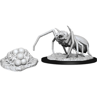 Unpainted D&D miniatures by Wizkids featuring a giant spider and egg clutch from Nolzur's Marvelous Unpainted Miniatures line.