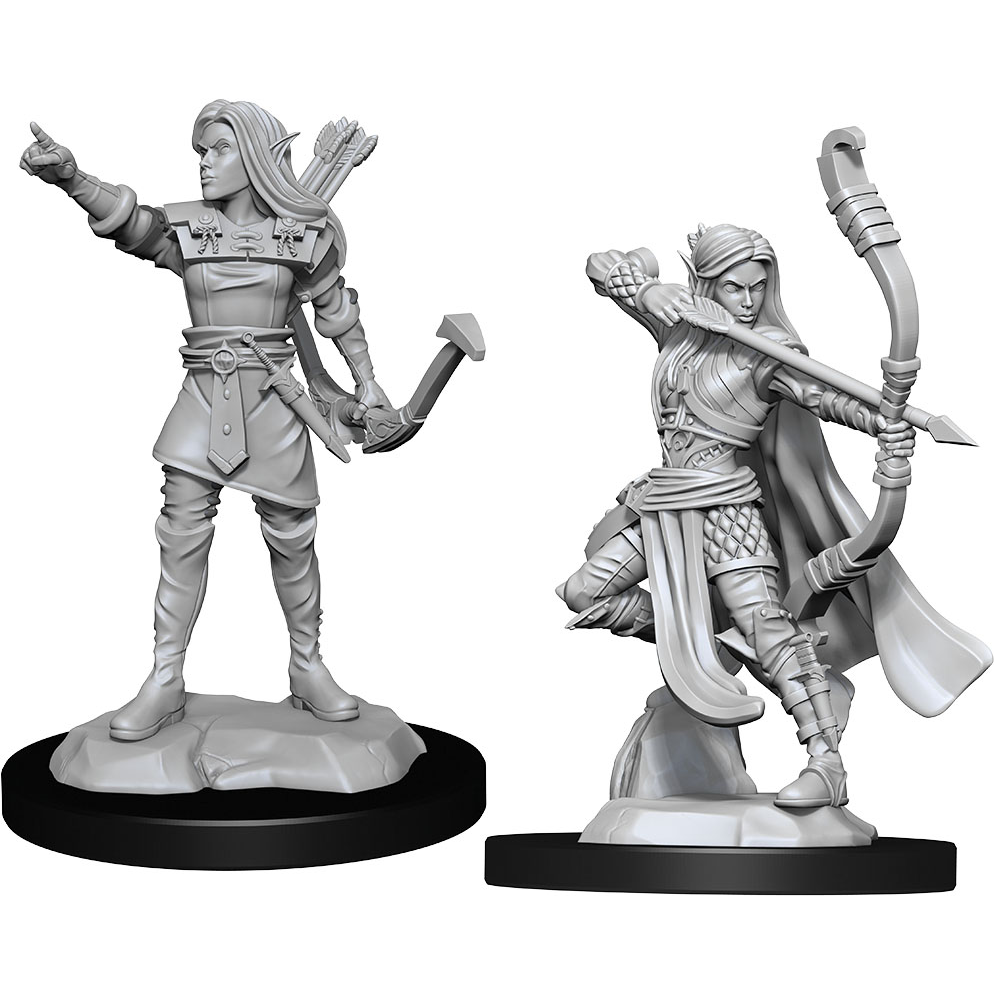 Unpainted D&D Nolzur's Elf Female Ranger miniature by Wizkids, detailed fantasy figure for tabletop gaming.