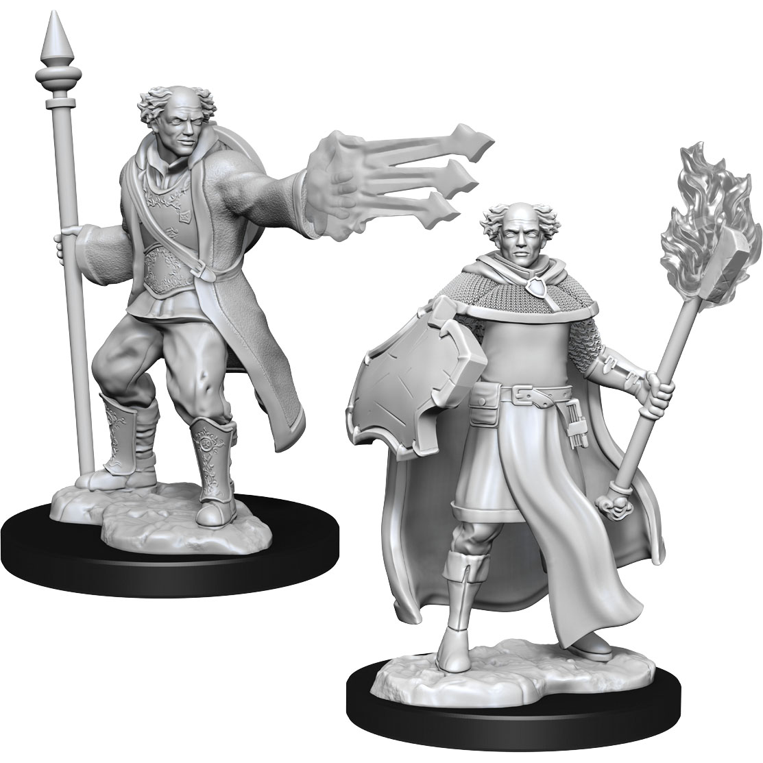 Unpainted D&D Nolzur's Marvelous Miniatures of male multiclass Cleric and Wizard figures by Wizkids.