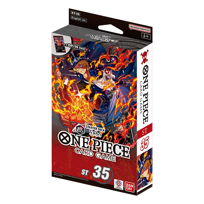 Bandai One Piece Starter Deck 35 trading cards featuring Sabo in red and black design, with colorful card illustrations and details.
