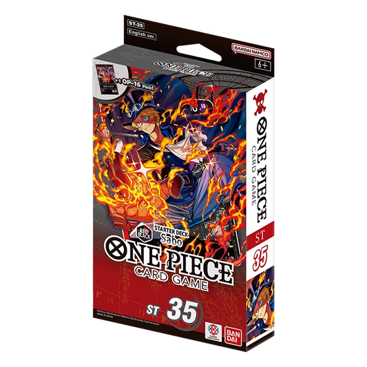 Bandai One Piece Starter Deck 35 trading cards featuring Sabo in red and black design, with colorful card illustrations and details.