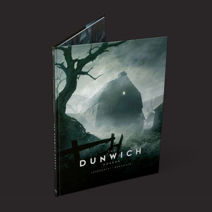 Illustrated copy of The Call of Cthulhu: The Dunwich Horror book by Free League Publishing, featuring cover art and pages.