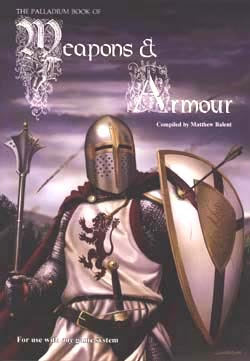 Studio 2 Publishing Palladium Book of Weapons & Armour RPG, open book showing detailed illustrations of weapons and armor.