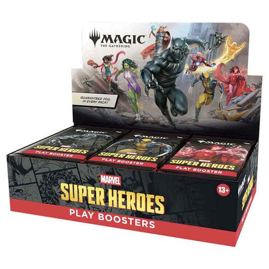 Full unopened booster box of MTG Marvel Super Heroes trading card game by Wizards of the Coast, featuring colorful superhero artwork.