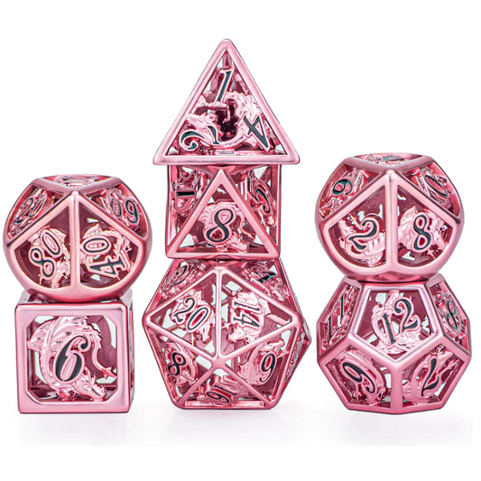 Rose Gold With Black Hollow Metal Dragon Polyhedral Dice Set