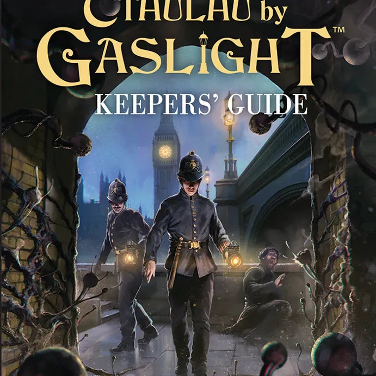 Chaosium Cthulhu by Gaslight Keepers' Guide RPG book cover featuring dark, vintage artwork and cosmic horror themes.