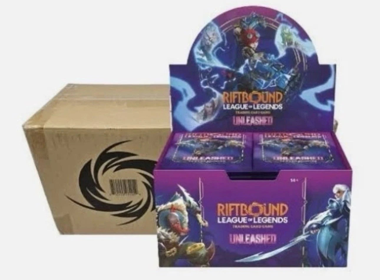 Six sealed Riftbound TCG Set 3 Unleashed booster boxes by Universus, trading card game product in a display image.