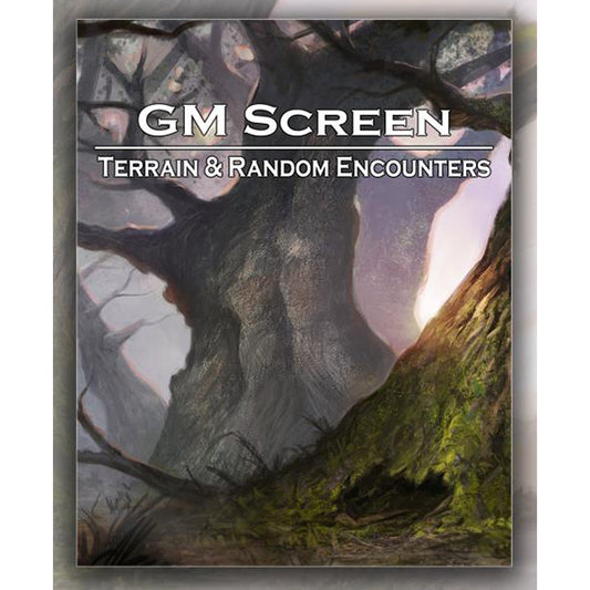Loke Battle Mats GM screen featuring terrain and random encounters, with detailed illustrated panels for tabletop role-playing games.