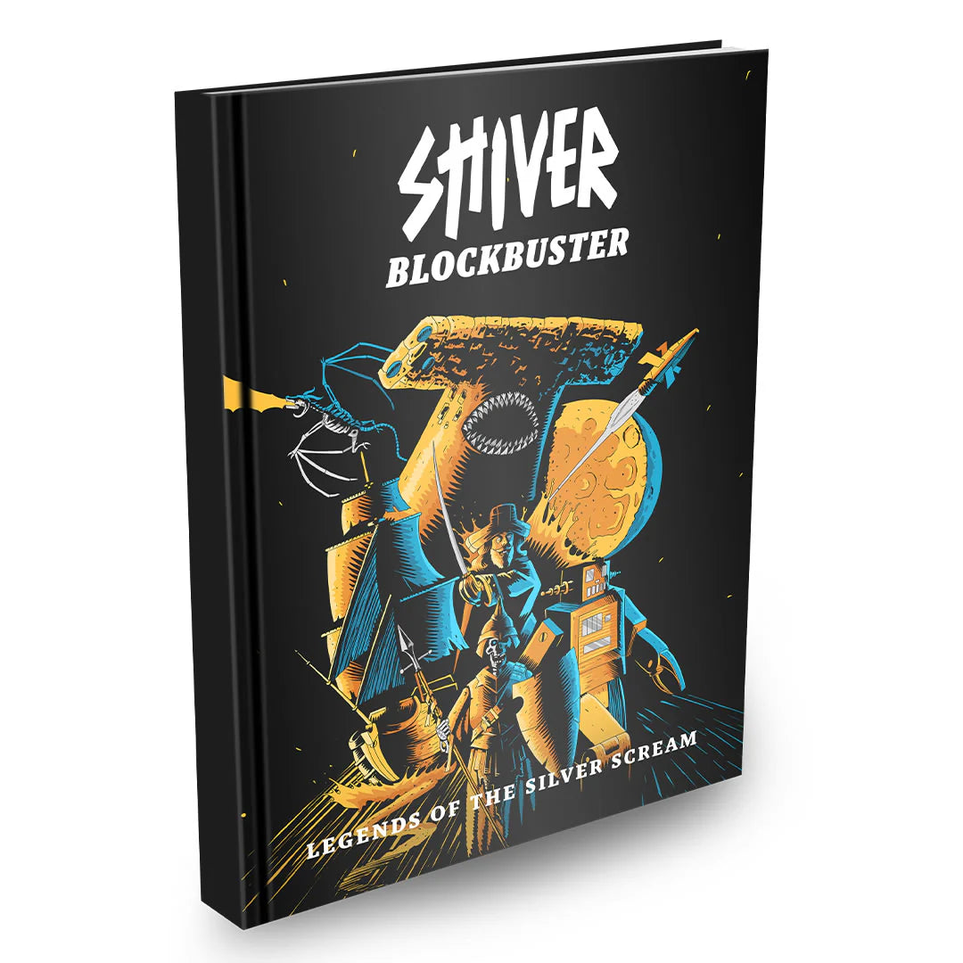 Cover image of "SHIVER: Blockbuster - Legends of the Silver Scream" RPG book by Studio 2 Publishing featuring horror-themed artwork.