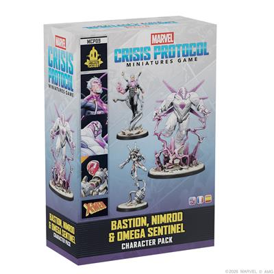 Atomic Mass Marvel Crisis Protocol action figures featuring Bastion, Nimrod, and Omega Sentinel posed together in dynamic displays.