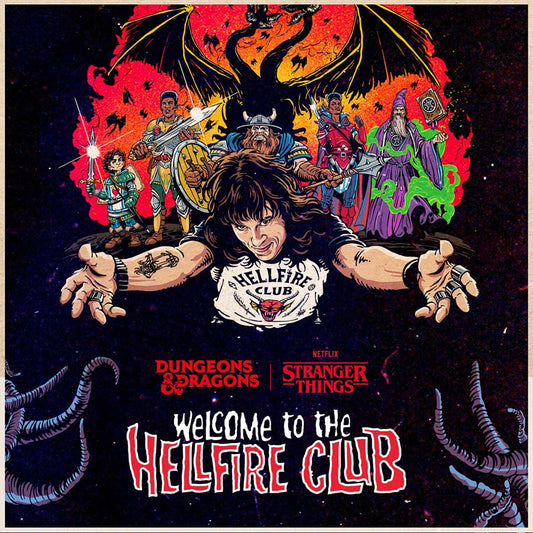 Dungeons & Dragons Stranger Things Hellfire Club Starter Set box with colorful artwork and game components by Wizards of the Coast