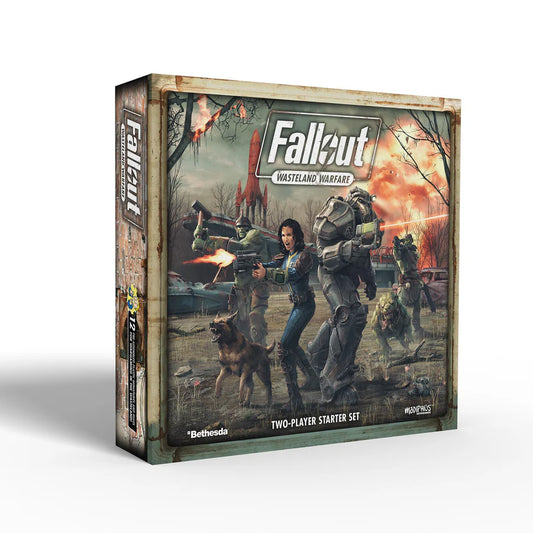 Fallout Wasteland Warfare two-player starter set featuring miniatures and game components from Modiphius for post-apocalyptic tabletop gaming.