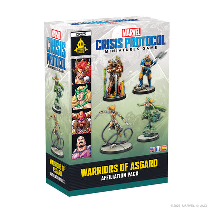 Marvel Crisis Protocol Warriors of Asgard Affiliation Pack by Atomic Mass featuring miniatures of Asgardian characters on a gaming table