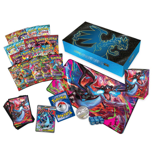 Mega Charizard EX Ultra-Premium Collection Pokémon box featuring Charizard EX card and collectible Pokémon merchandise.