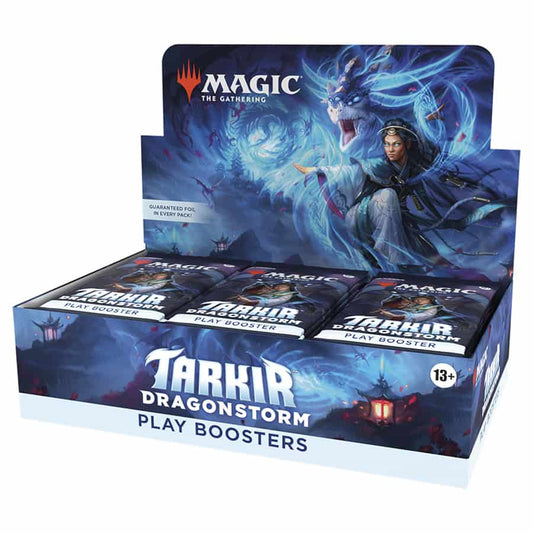 Full box of MTG Tarkir Play Booster packs by Wizards of the Coast showing colorful booster pack artwork.
