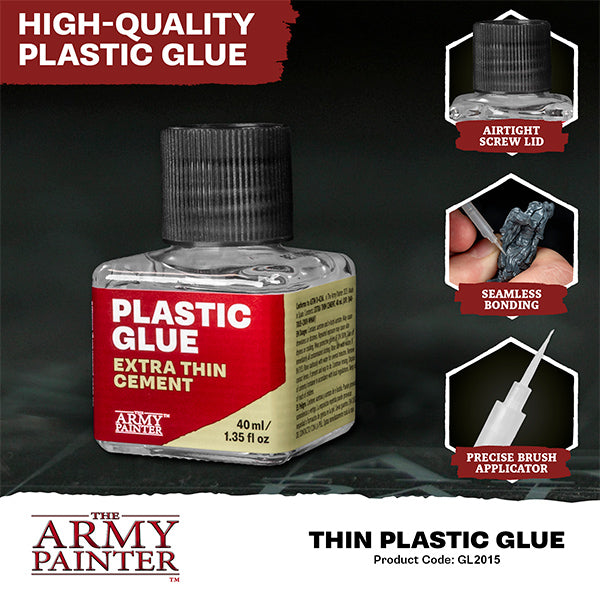 Extra thin plastic glue in a 40oz bottle from The Army Painter, ideal for art and hobby projects.