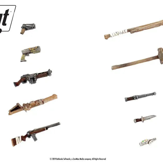 Fallout: Wasteland Warfare weapons upgrade pack by Modiphius, featuring detailed miniature weapon accessories for tabletop gaming.