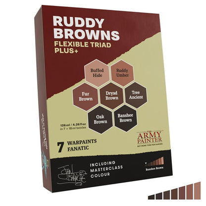 The Army Painter Warpaint Fanatic Flexible Triad PLUS+ set with Ruddy Browns acrylic paints for miniature painting and hobby use.