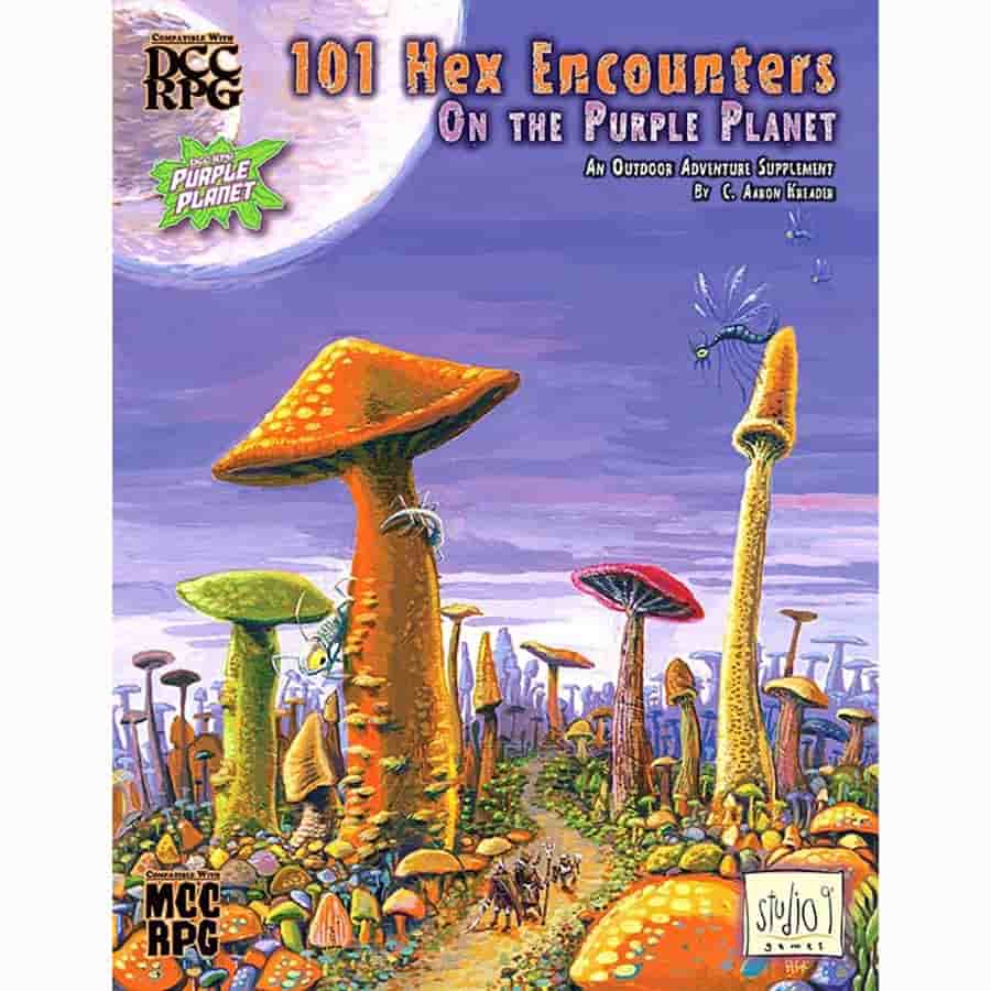 Purple Planet Adventure book by Goodman Games featuring cover art for DCC: 101 Hex Encounters RPG with vibrant cosmic imagery.
