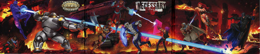 Studio 2 Publishing Necessary Evil GM Screen and Return of Dr. Destruction RPG book, featuring colorful cover art and game materials
