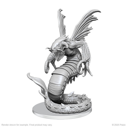 Unpainted Pathfinder: Deepcuts miniatures of W27 Sarglagon Drowning Devil by Wizkids, showcasing detailed resin miniatures.