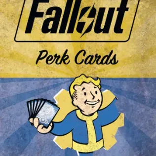 Set of Fallout: The Roleplaying Game perk cards by Modiphius, featuring colorful designs and various in-game ability icons.