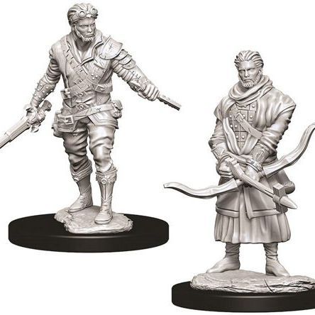 Unpainted Wizkids D&D Nolzur's Marvelous Miniatures human male rogue miniature on a display base.