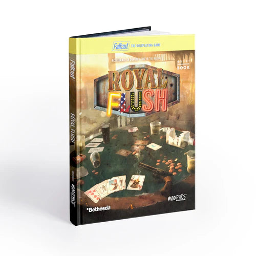 Fallout: The Roleplaying Game Royal Flush RPG by Modiphius, featuring game components and artwork on a table.