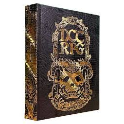 Dungeon Crawl Classics Core Rulebook by Goodman Games, hardcover fantasy RPG book with gold foil demon head cover design.