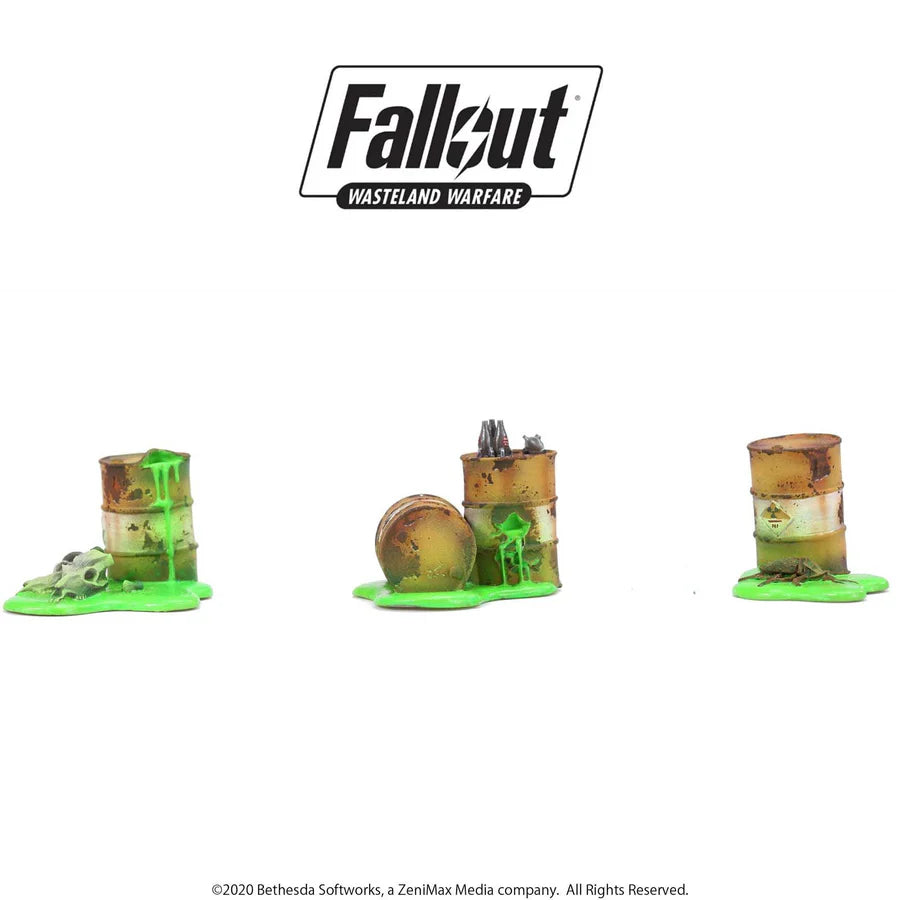 Modiphius Fallout Wasteland Warfare terrain expansion featuring radioactive containers for tabletop game scenery.
