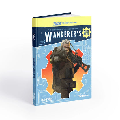 Fallout: The Roleplaying Game Wanderer's Guide book by Modiphius, featuring cover art and pages of the Fallout tabletop RPG.